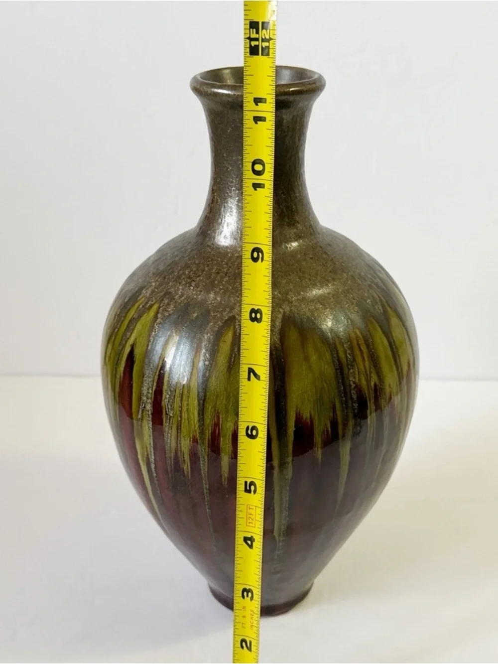 PIER 1 Flower Vase Large Moss Green Brown Drip Glaze Ceramic Glossy